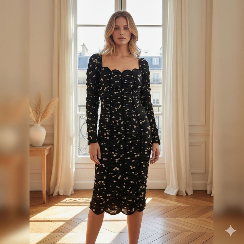 Azulu Colombia Black Polka Dot Midi Dress Event Cocktail Elegant Size XS NWT
